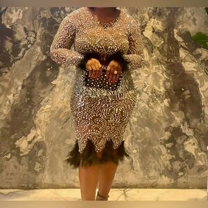 Alglist Feather Flashing Rhinestone Dress